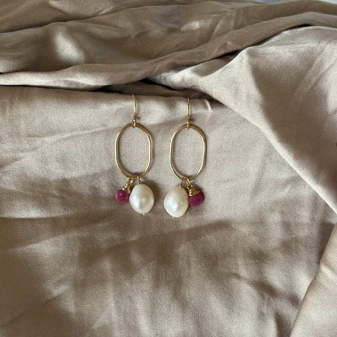 Baroque Pearl & Ruby Earrings | Gold